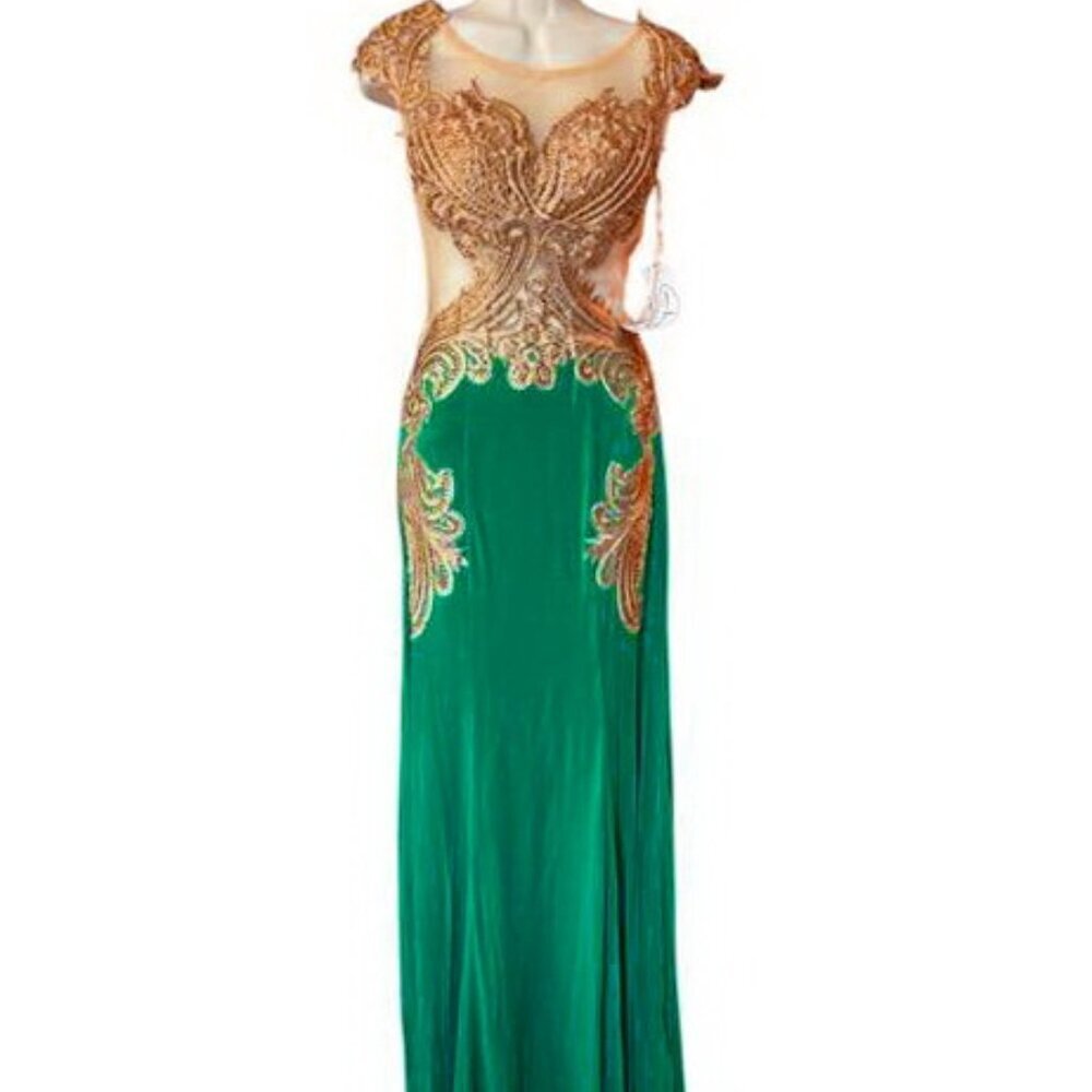 Temptation Emerald Green Gold Embroidered Rhinestone Illusion Dress